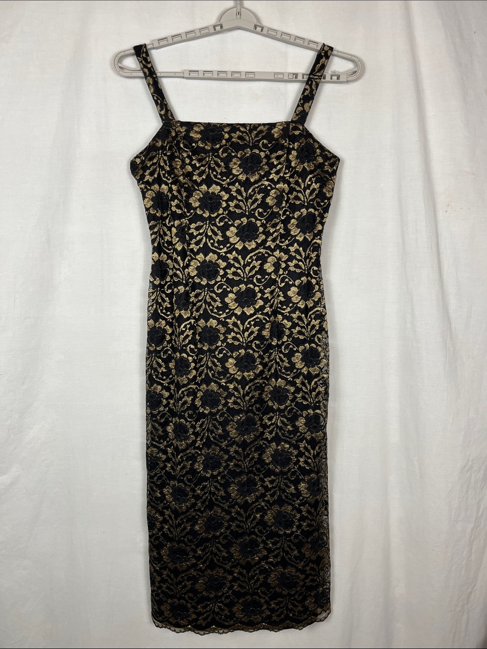 VTG 1980s Sheri Martin New York Black and Gold Lace Floral Midi Dress